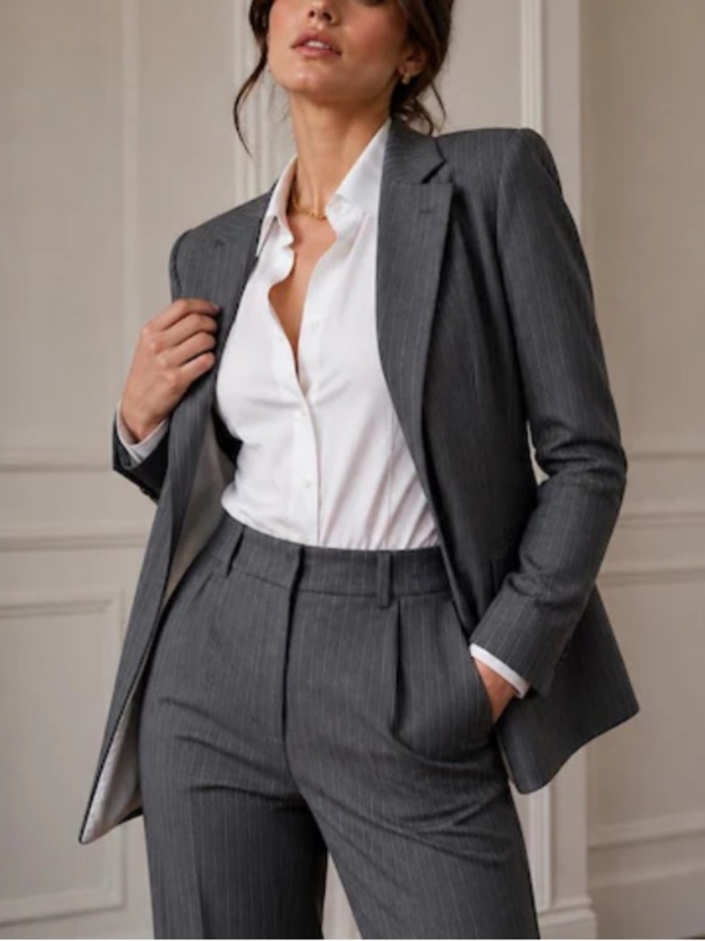 Ruti Gray Pinstripe Blazer NWOT Size S Oversized Double Breasted Tailored Look